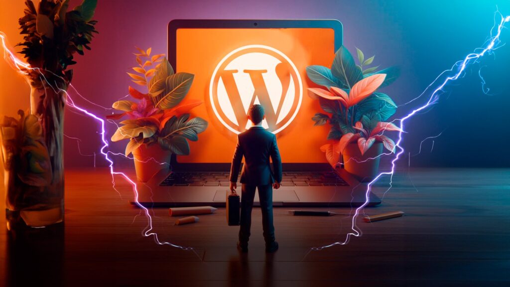 Mostra um homem em miniatura em frente a um notebook sobre uma mesa, na tela do notebook fundo laranja e logo do wordpress em branco, alguns vazos de planta e lapis jogados a mesa completam o cenario