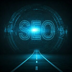 Imagem representando o futuro do SEO com inteligência artificial, com um caminho para o futuro e elementos de tecnologia, estilo visionário e inspirador. - Chatgpt SEO - Imagem gerada por IA - CreatesStorm
