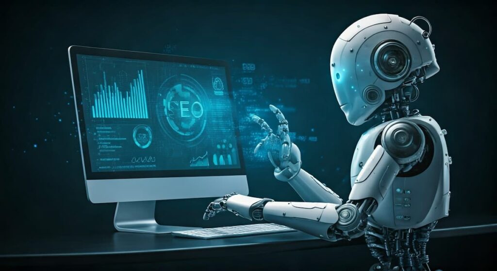 Ilustração de um robô de inteligência artificial interagindo com um computador, gráficos de SEO ao fundo, estilo futurista e tecnológico. Chatgpt SEO - Imagem gerada por IA - CreatesStorm