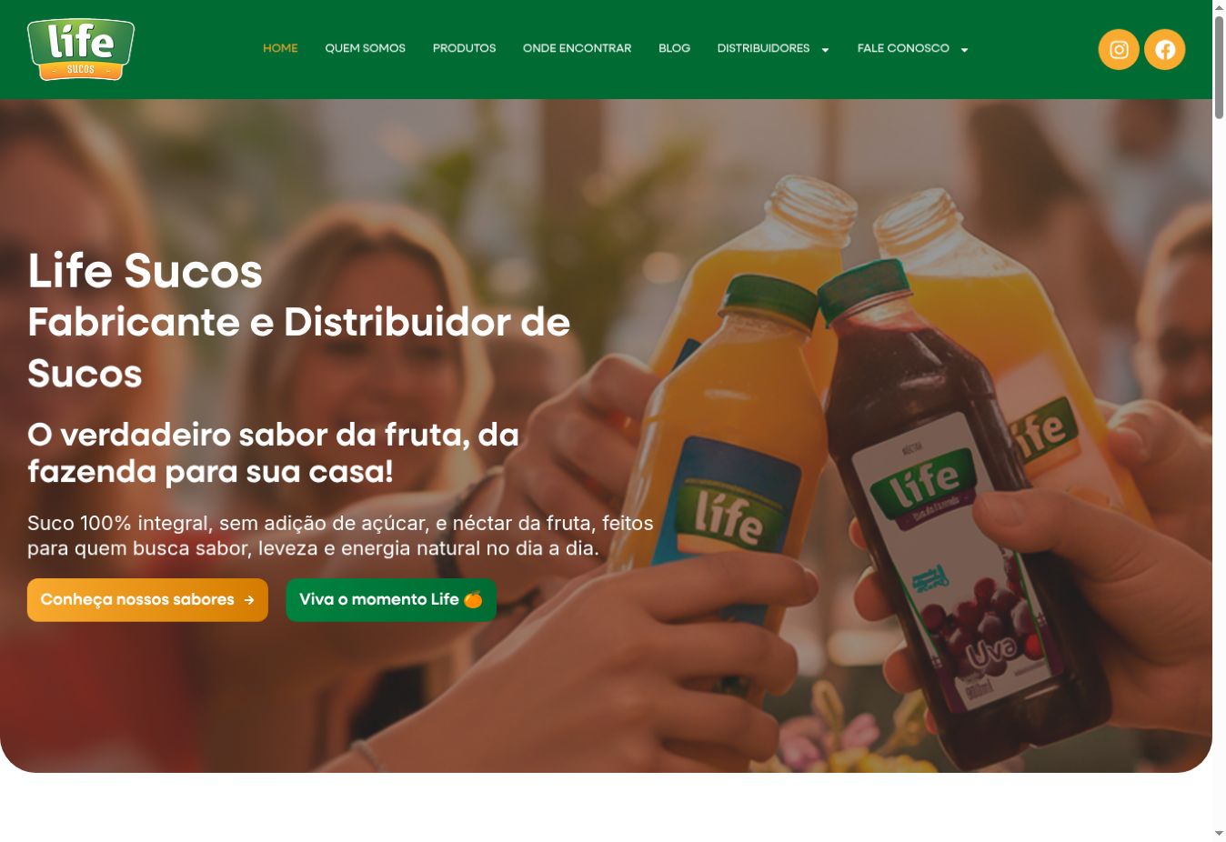 Captura real do site Life Sucos: um site para fabricante de sucos pronto para acompanhar a evolução da marca