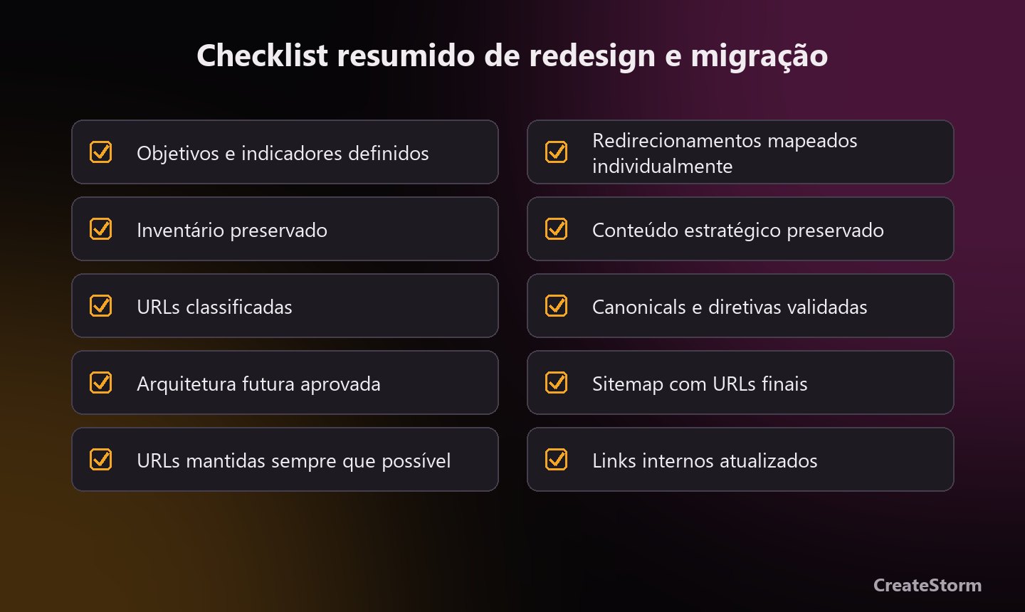 Checklist resumido de redesign e migração
