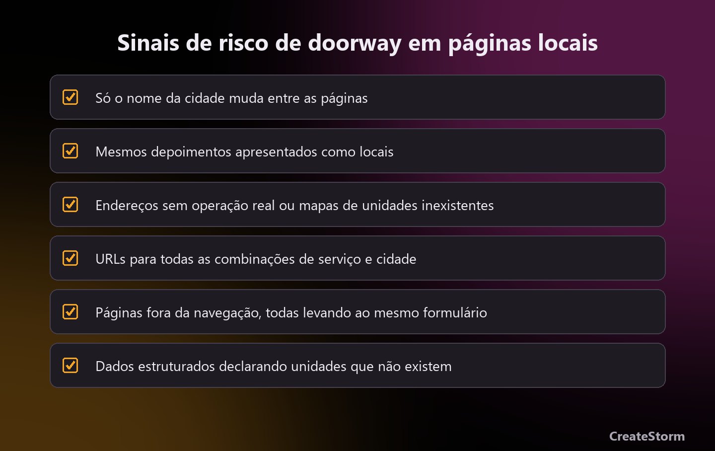 Sinais de risco de doorway em páginas locais